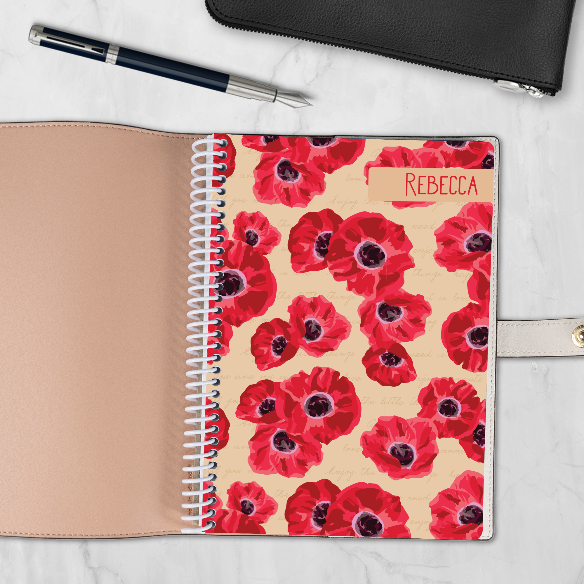 Poppy Prose 6x8 spiral notebook refill cover with red poppy floral design — fits Coach-style luxury covers