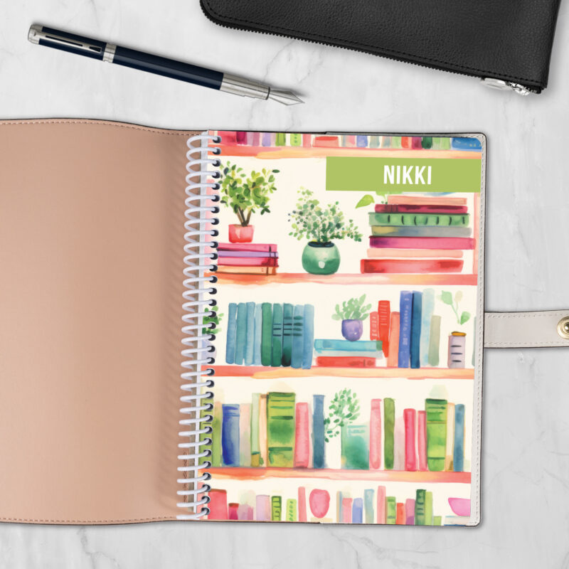 Shelf Control 6x8 spiral notebook refill cover with colorful bookshelf design — fits Coach-style luxury covers