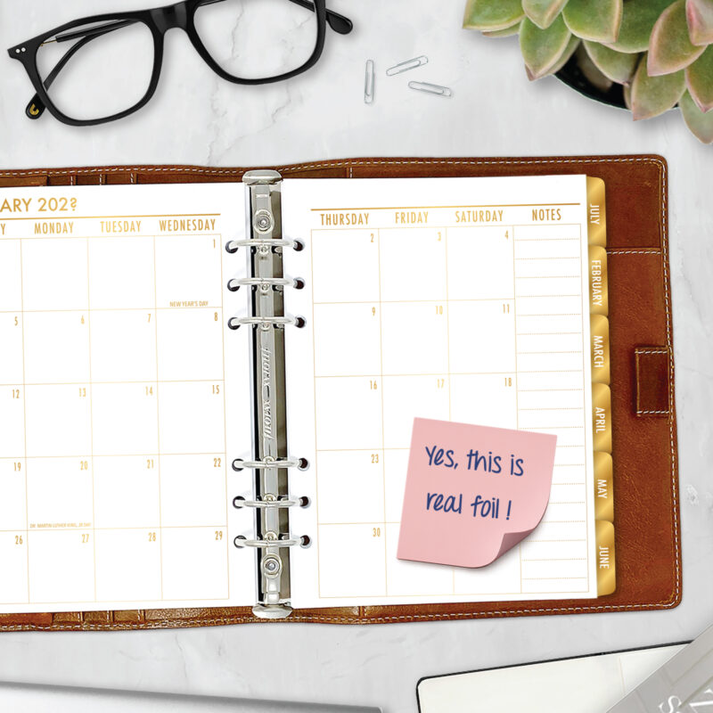 Month on 2 Pages planner insert with gold satin foil block tabs in A5 size in brown ring binder
