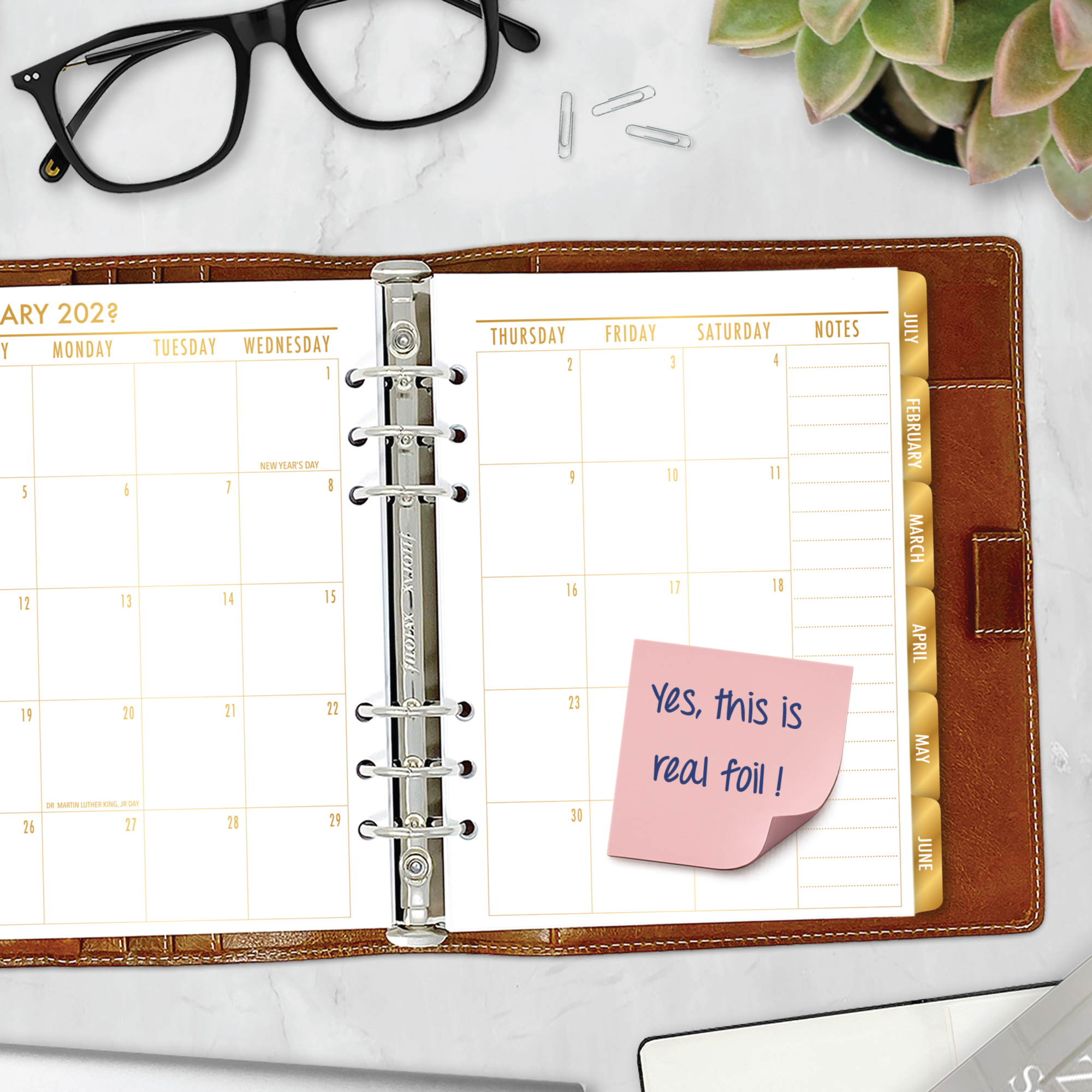 Month on 2 Pages planner insert with gold satin foil block tabs in A5 size in brown ring binder