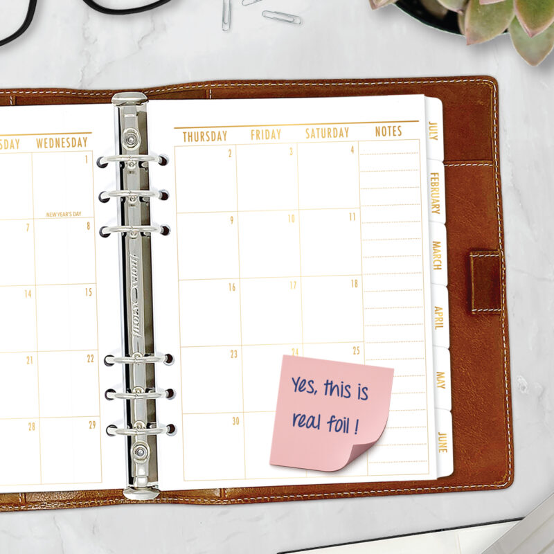 Month on 2 Pages planner insert with gold satin foil text tabs in A5 size in brown ring binder