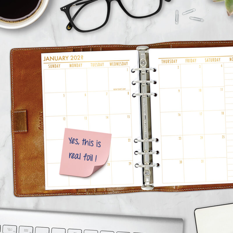 Month on 2 Pages planner insert with gold satin foil in A5 size in brown ring binder