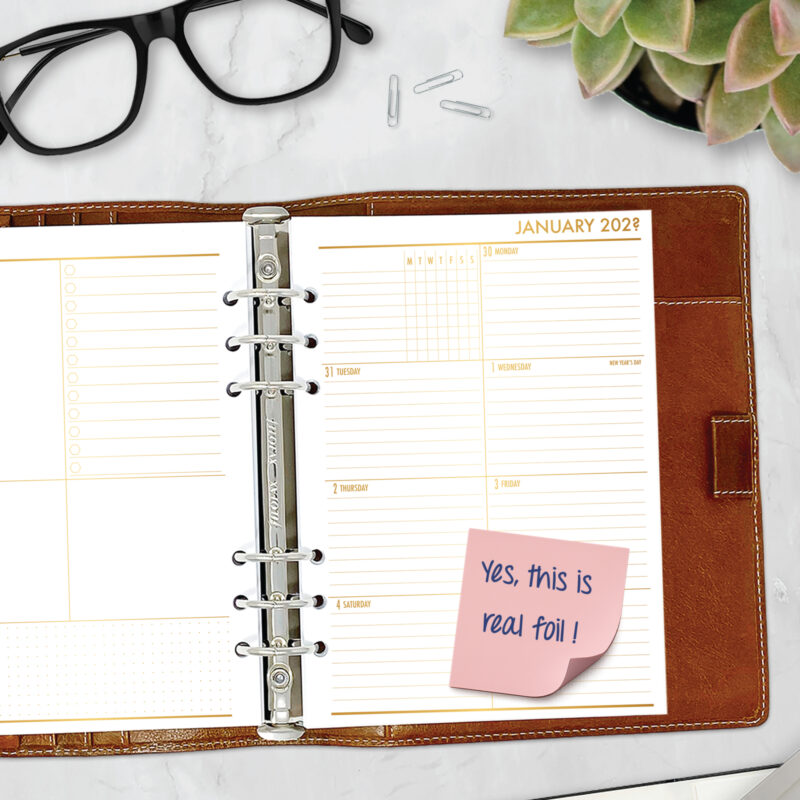 Week on 1 Page planner insert with gold satin foil in A5 size in brown ring binder