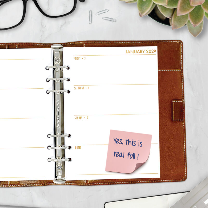 Week on 2 Pages Horizontal planner insert with gold satin foil and text tabs in A5 size in brown ring binder