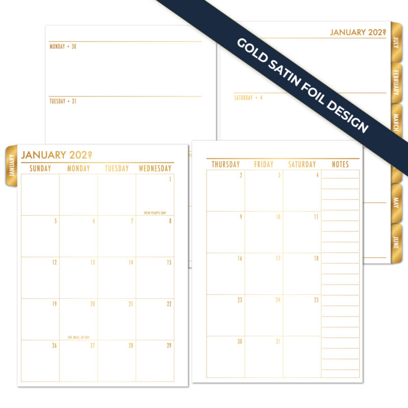 Gold satin foil weekly horizontal plus monthly tabbed planner insert complete layout by CityGirl Planners with tab dividers