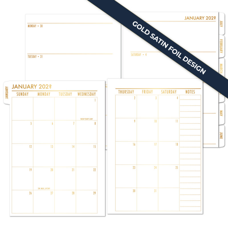 Gold satin foil weekly horizontal plus monthly tabbed planner insert complete layout by CityGirl Planners with tab dividers