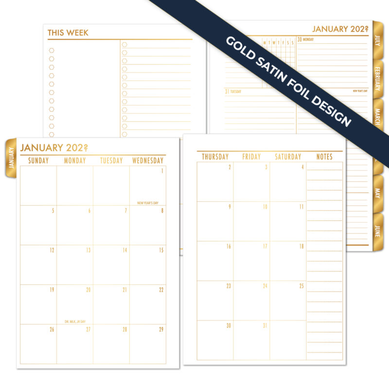 Gold satin foil week on 1 page plus monthly tabbed planner insert complete layout by CityGirl Planners with tab dividers