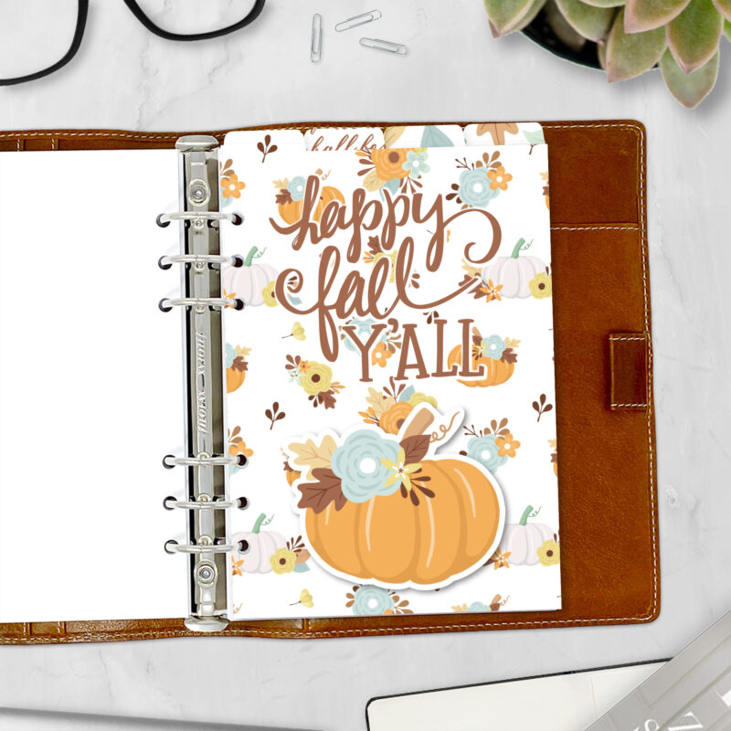 Fall Y'all top tab planner divider with Happy Fall Y'all and pumpkin design — autumn divider for ring planners
