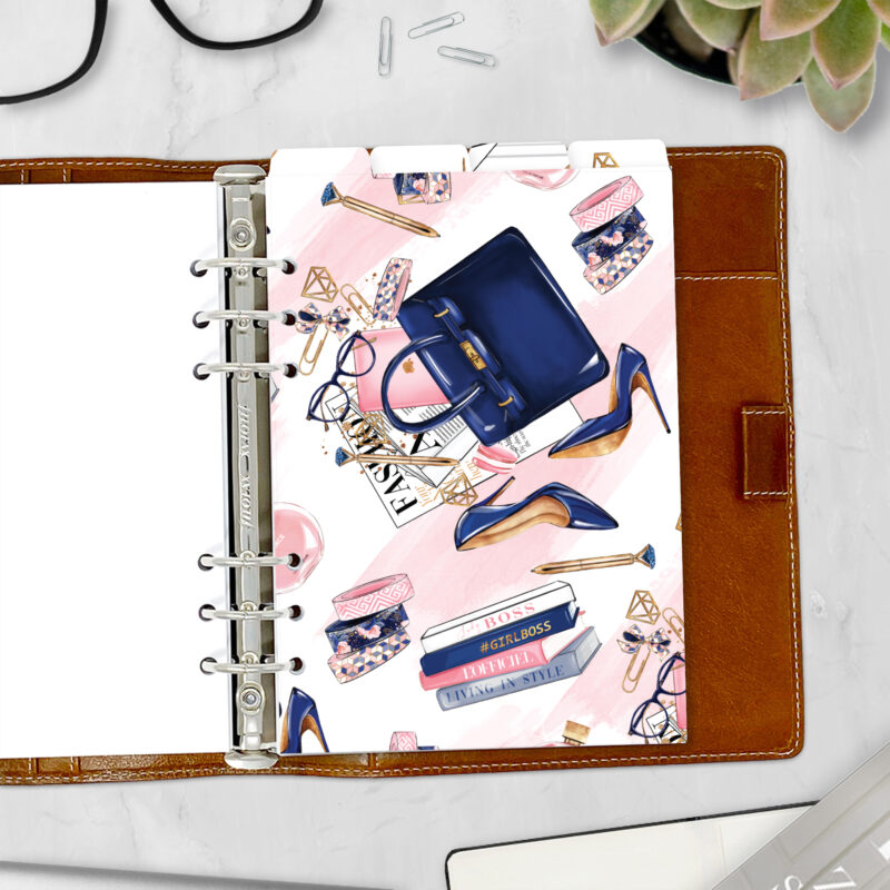 GirlBoss top tab planner divider with navy bag and glasses — fashion divider for ring planners