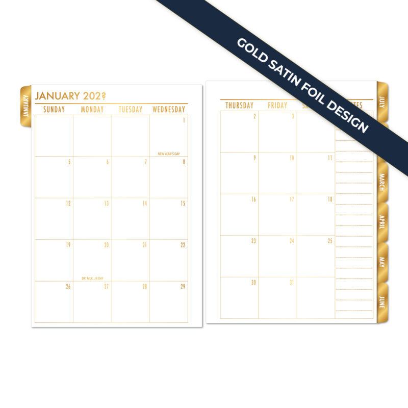 Gold satin foil month on 2 pages planner insert by CityGirl Planners showing monthly calendar spread with tabs