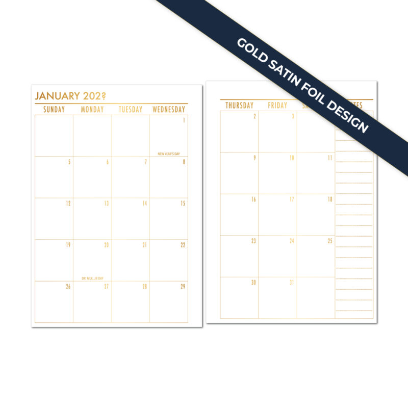 Gold satin foil month on 2 pages planner insert by CityGirl Planners showing monthly calendar spread