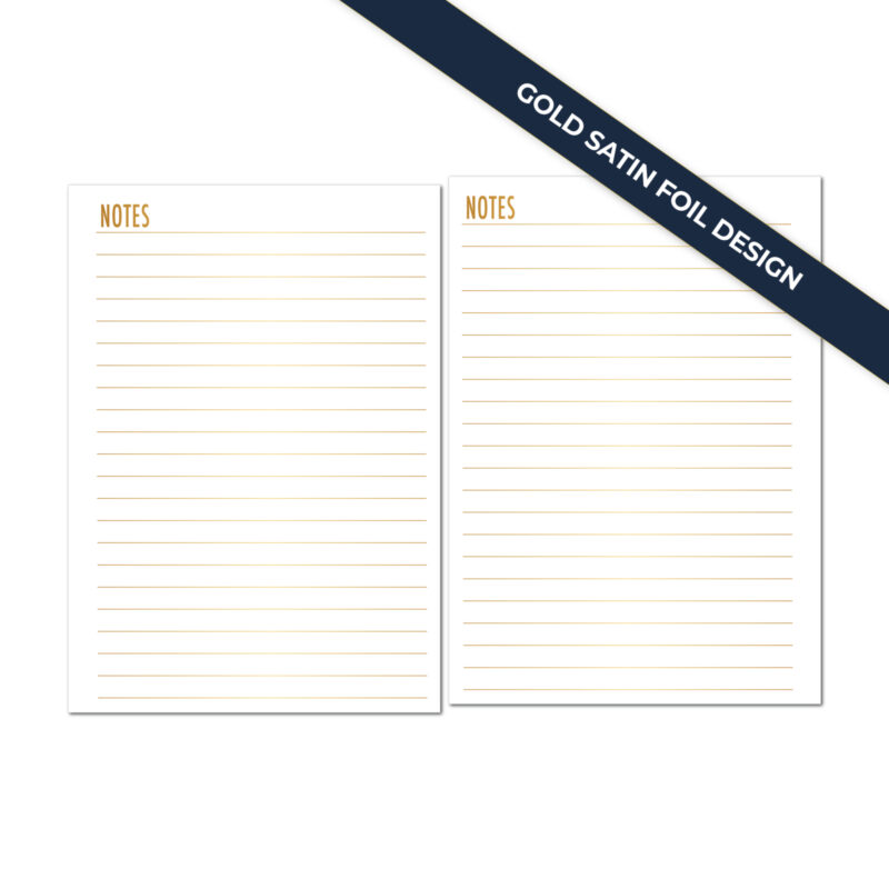 Gold satin foil notes planner insert by CityGirl Planners showing lined notes pages in two sizes