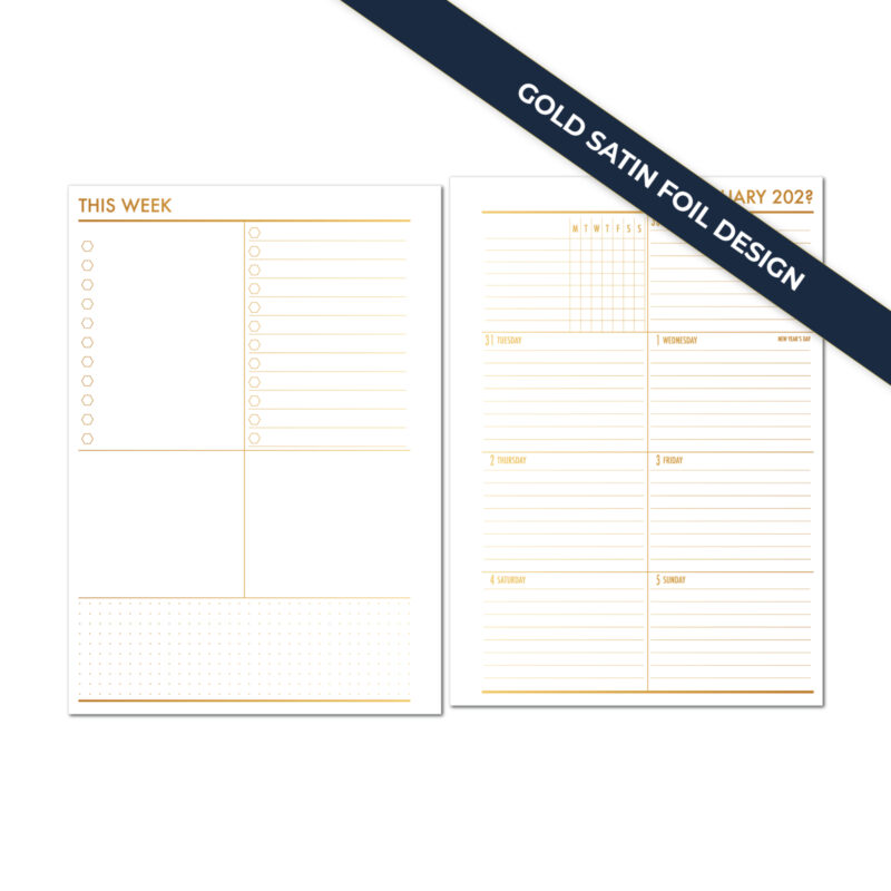 Gold satin foil week on 1 page planner insert by CityGirl Planners showing weekly calendar layout