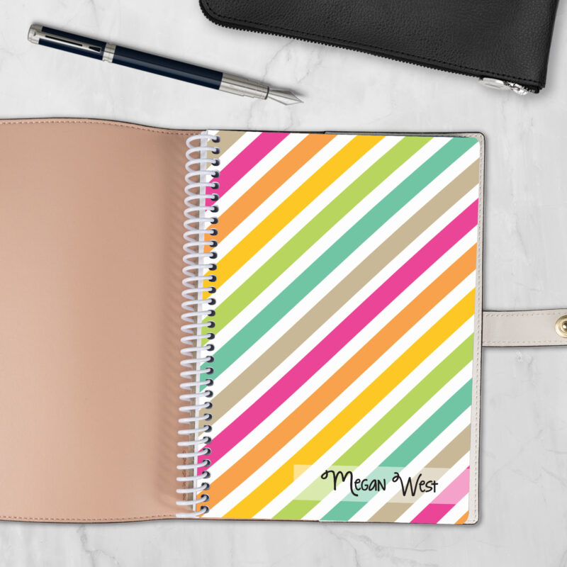 Stripe Hype 6x8 spiral notebook refill cover with diagonal rainbow stripe design — fits Coach-style luxury covers