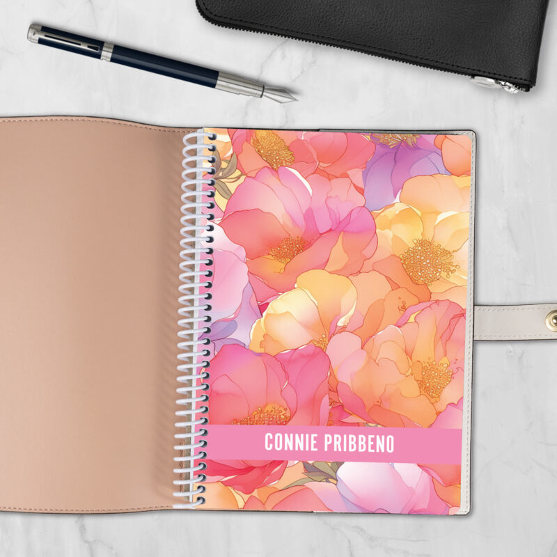 Sunset Blooms 6x8 spiral notebook refill cover with pink and orange floral design — fits Coach-style luxury covers