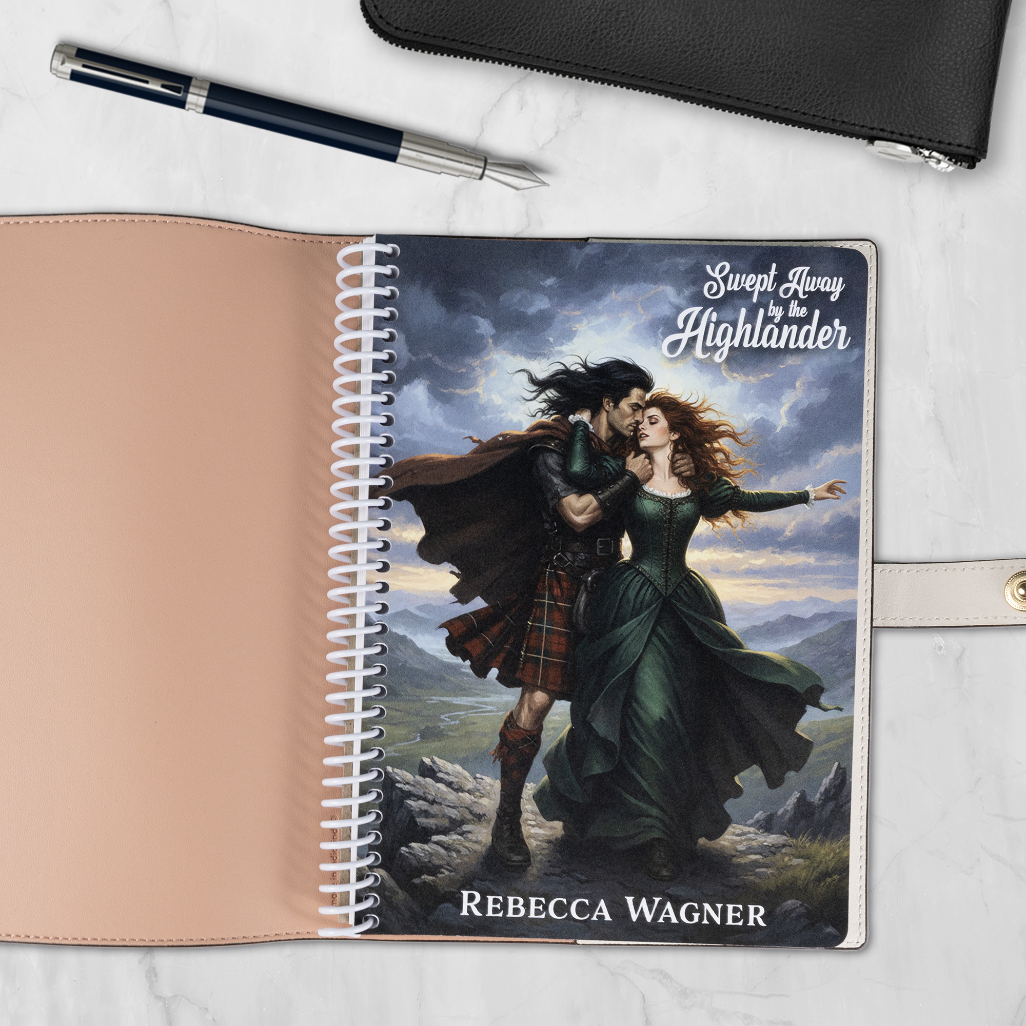Swept Away 6x8 spiral notebook refill cover with Highlander romance couple design — fits Coach-style luxury covers