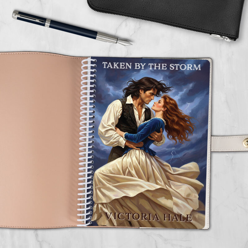 Taken by the Storm 6x8 spiral notebook refill cover with romance novel couple design — fits Coach-style luxury covers