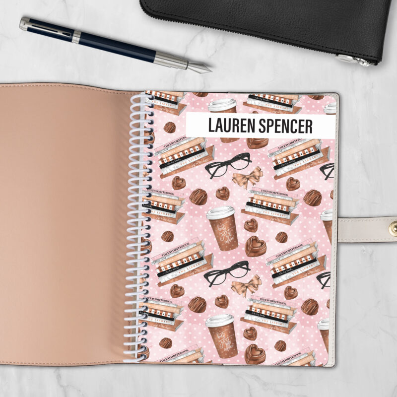 The Brew Review 6x8 spiral notebook refill cover with coffee cup and glasses pattern design — fits Coach-style luxury covers
