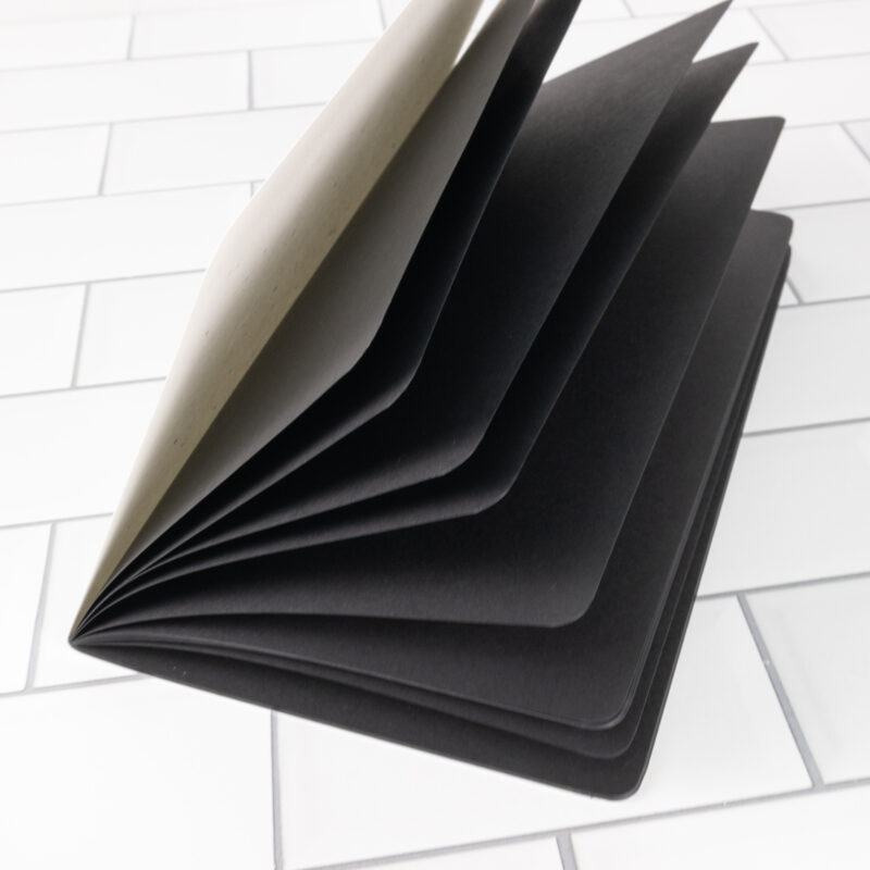 Noire traveler's notebook insert fanned open showing solid black pages with speckled stardust white cover.