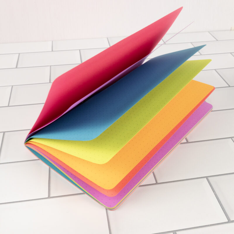 Calypso traveler's notebook insert fanned open showing vibrant rainbow pages in pink, teal, lemon, orange, and orchid.