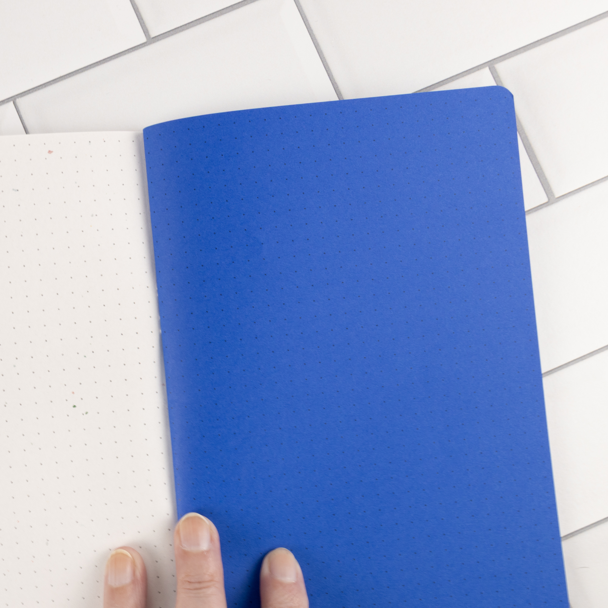 Firecracker traveler's notebook insert open flat showing speckled stardust white and blue dot grid pages.