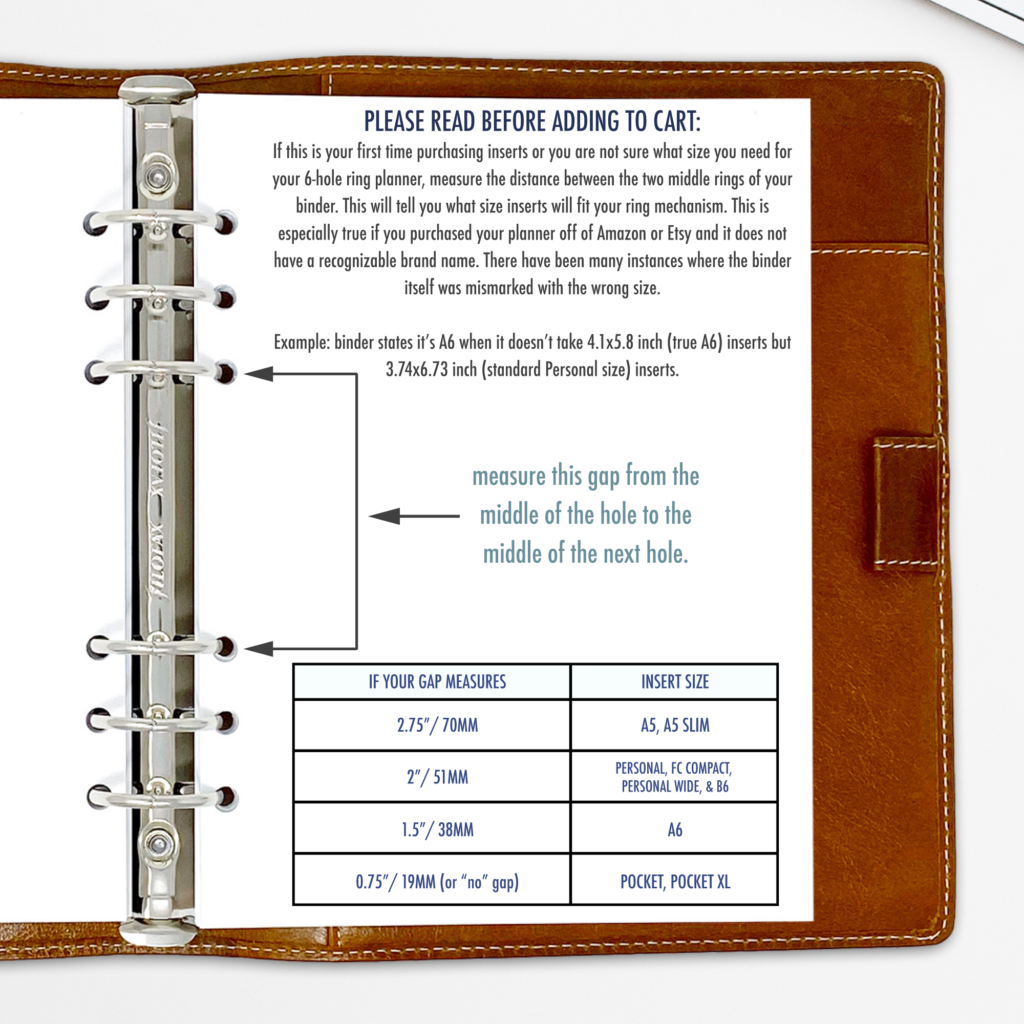 How to measure the middle ring gap in a 6-ring planner binder to choose the correct insert size for A5, A5 Slim, Personal, FC Compact, Pocket, and Pocket XL planner refills.