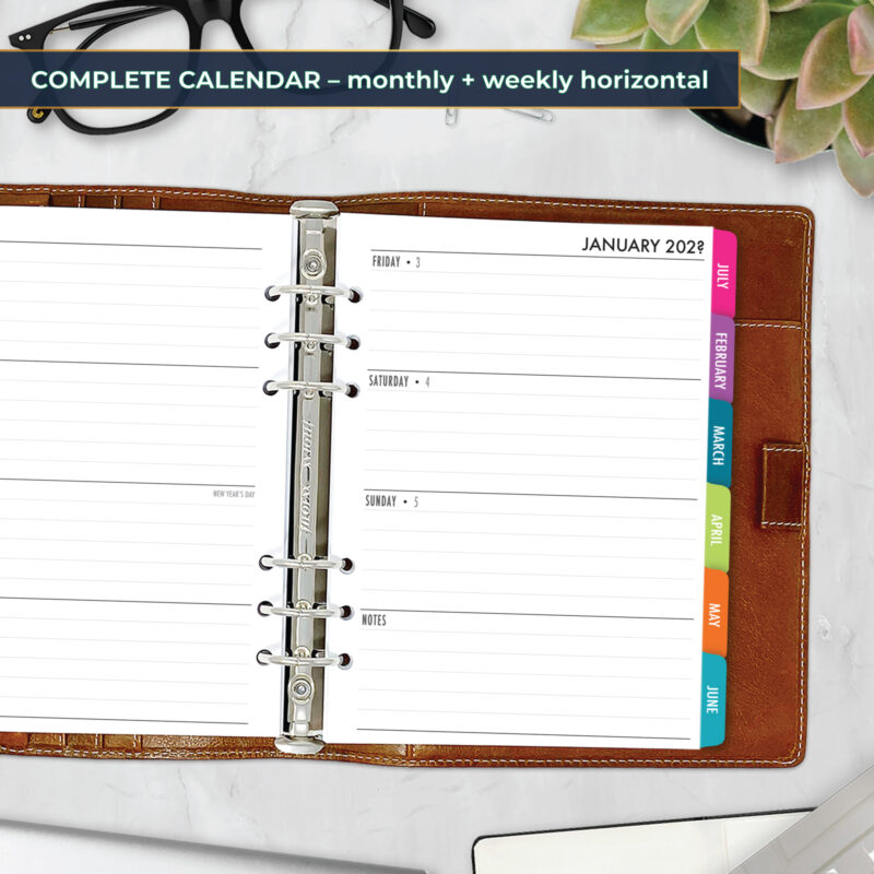 Complete Horizontal Calendar planner insert in Bahama Beach design in A5 size in brown ring binder