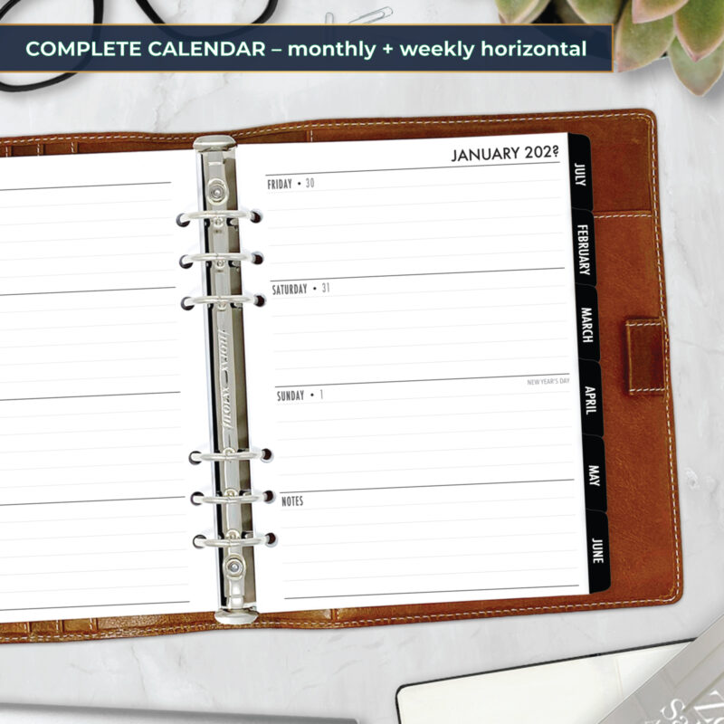 Complete Horizontal Calendar with monthly and weekly horizontal planner insert with black tabs in A5 size in brown ring binder