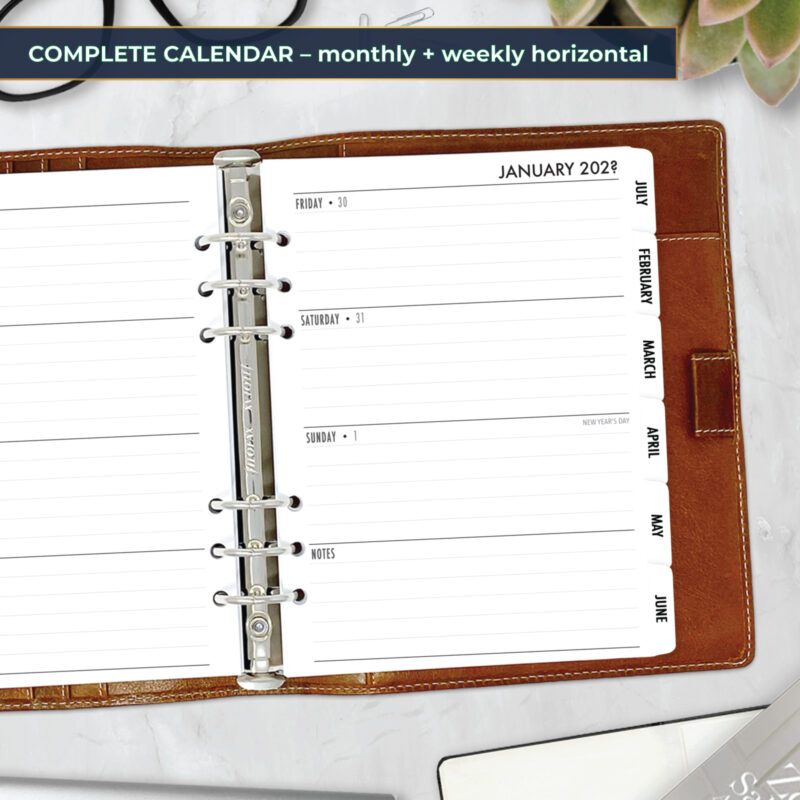 Complete Horizontal Calendar with monthly and weekly horizontal planner insert with white tabs in A5 size in brown ring binder