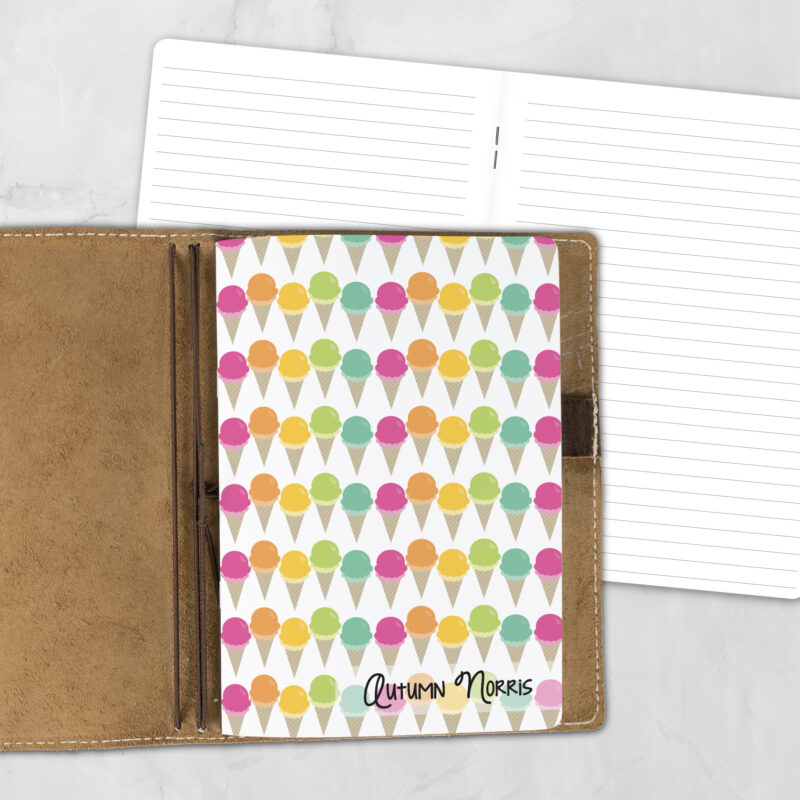 A5 Cone Zone personalized traveler's notebook refill showing the cover design inside a leather traveler's notebook cover, with lined refill pages visible behind.