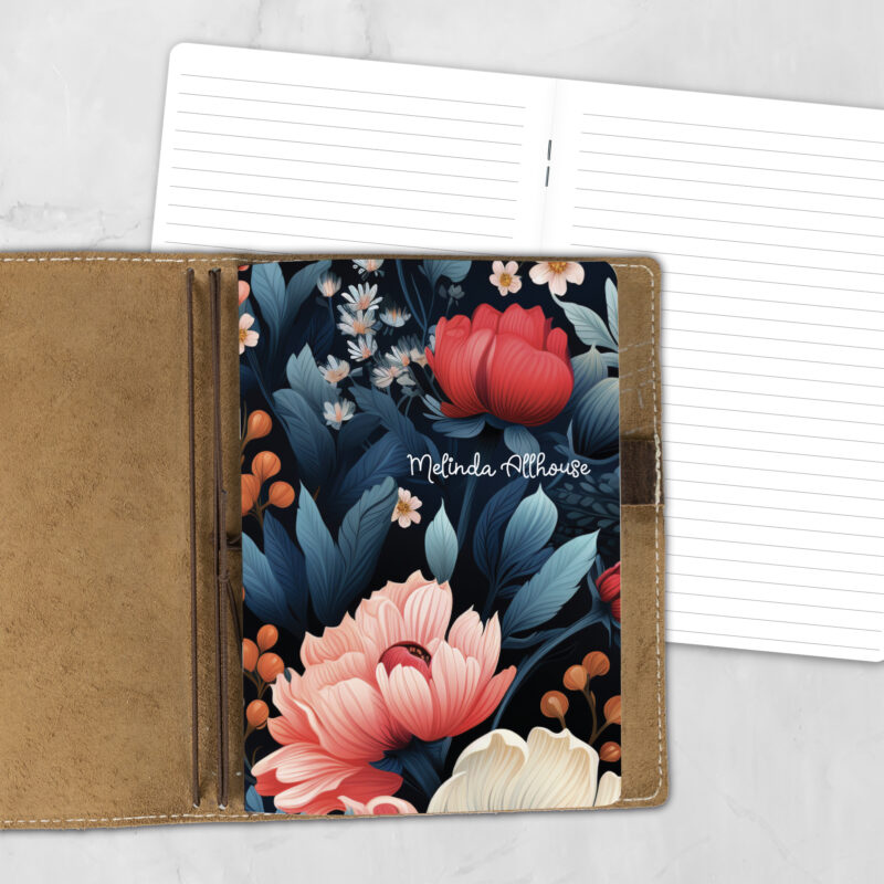 A5 Dark Jewels lifestyle personalized traveler's notebook refill showing the cover design inside a leather traveler's notebook cover, with lined refill pages visible behind.