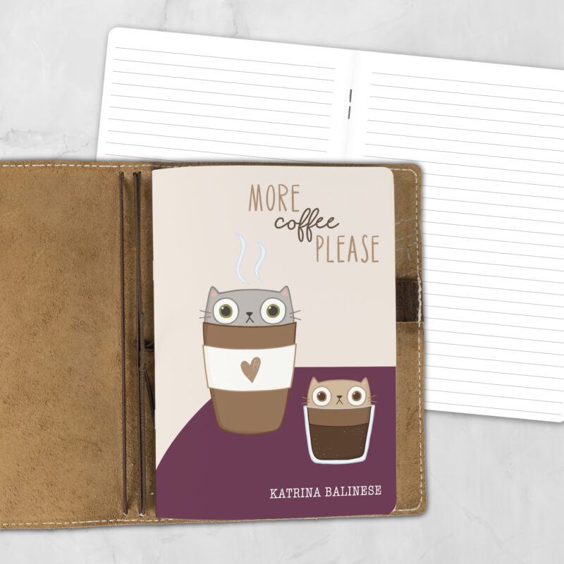 A5 Espurrresso Yourself personalized traveler's notebook refill showing the cover design inside a leather traveler's notebook cover, with lined refill pages visible behind.