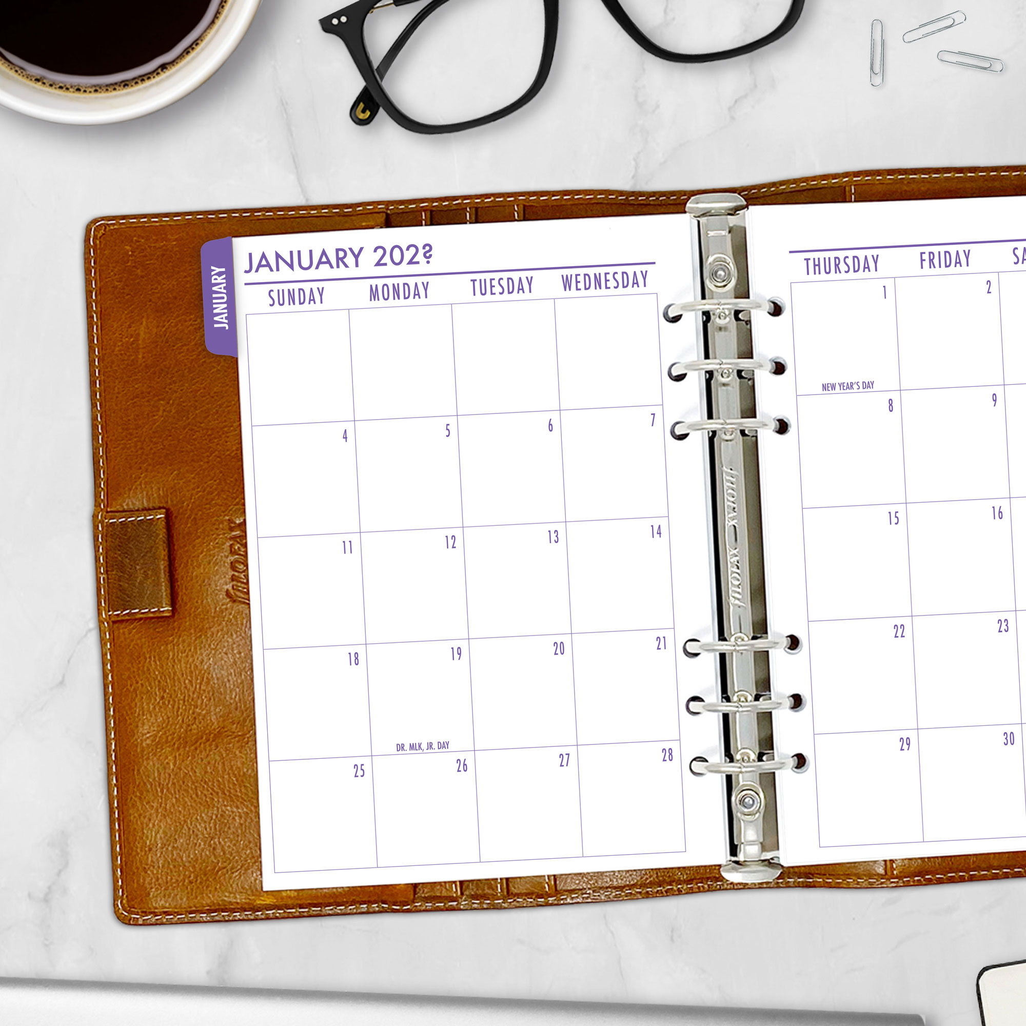 Month on 2 Pages planner insert in Amethyst Twilight design with colorful tabs in A5 size in brown ring binder