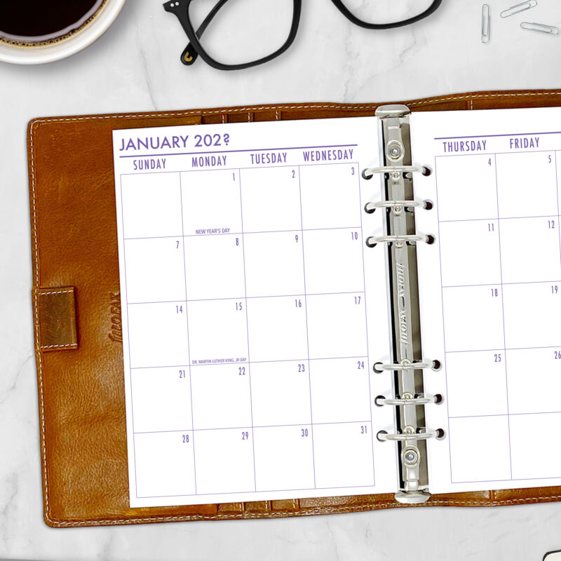 Month on 2 Pages planner insert in Amethyst Twilight full color design in A5 size in brown ring binder