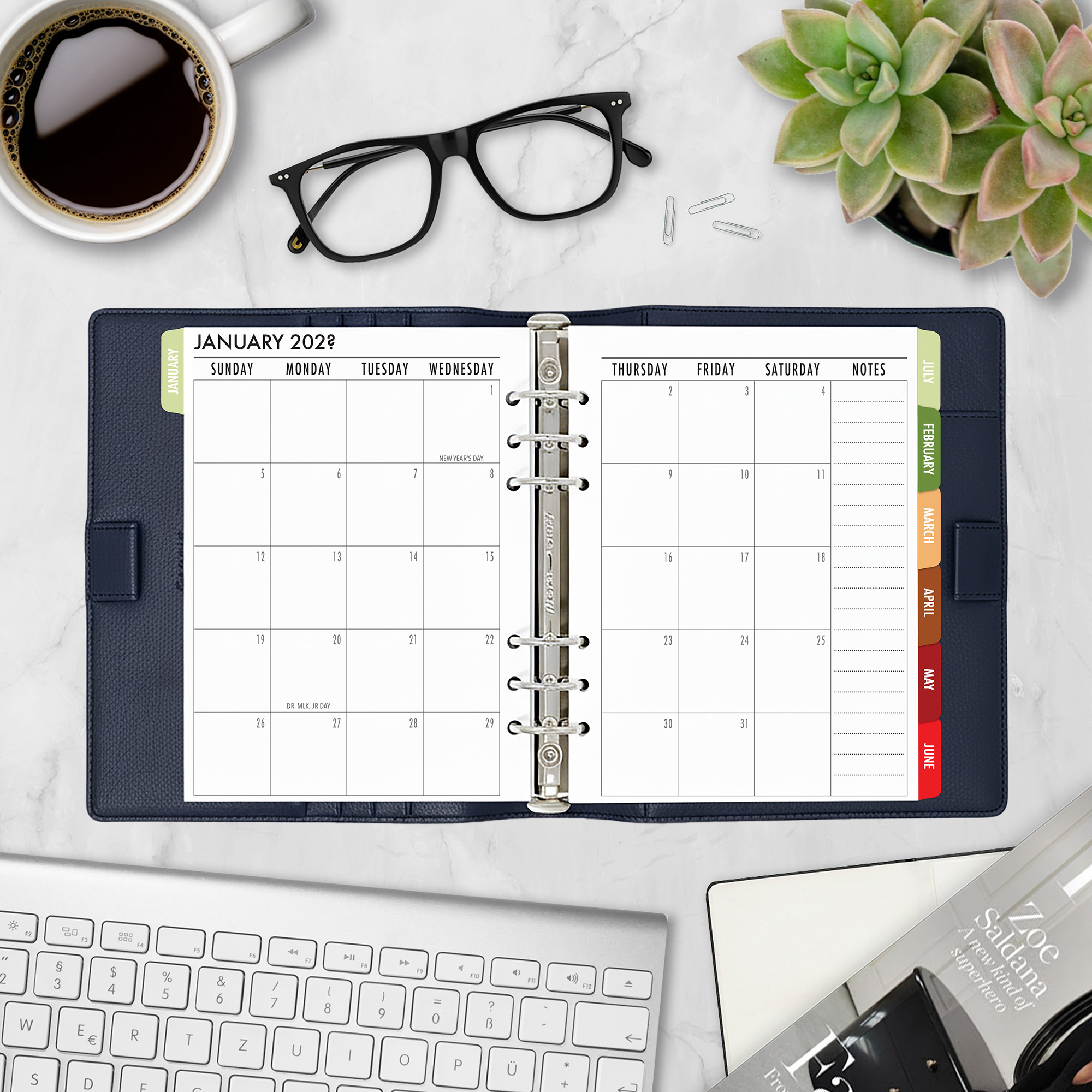 Month on 2 Pages planner insert in Autumn Canopy design with colorful tabs in A5 size in navy ring binder
