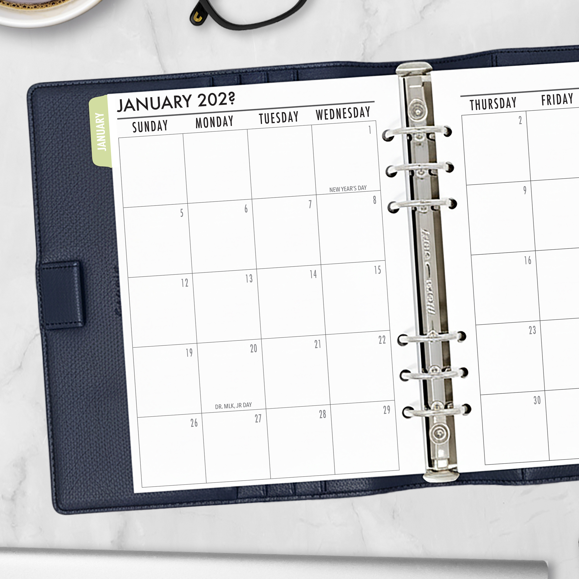 Month on 2 Pages planner insert in Autumn Canopy design with colorful tabs in A5 size in navy ring binder