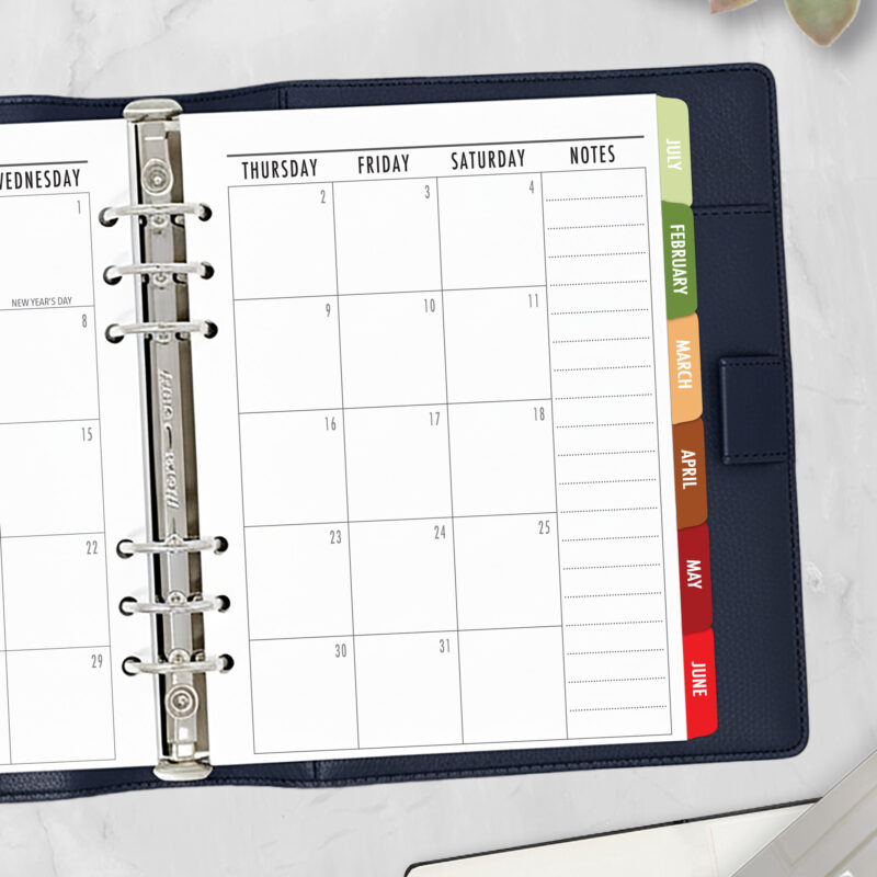Month on 2 Pages planner insert in Autumn Canopy design with colorful tabs in A5 size in navy ring binder