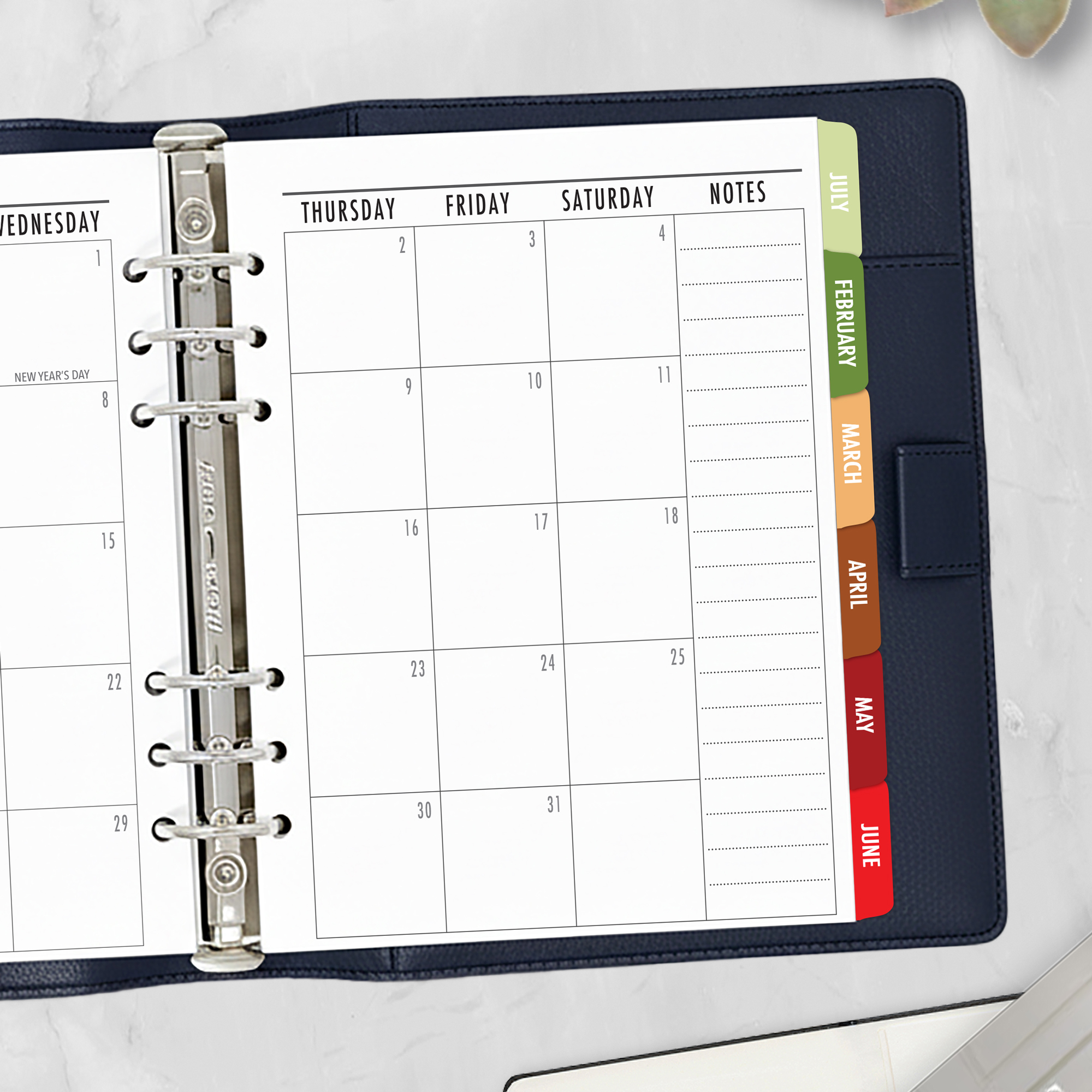 Month on 2 Pages planner insert in Autumn Canopy design with colorful tabs in A5 size in navy ring binder