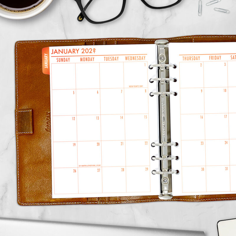 Month on 2 Pages planner insert in Ember Kiss design with tabs in A5 size in brown ring binder