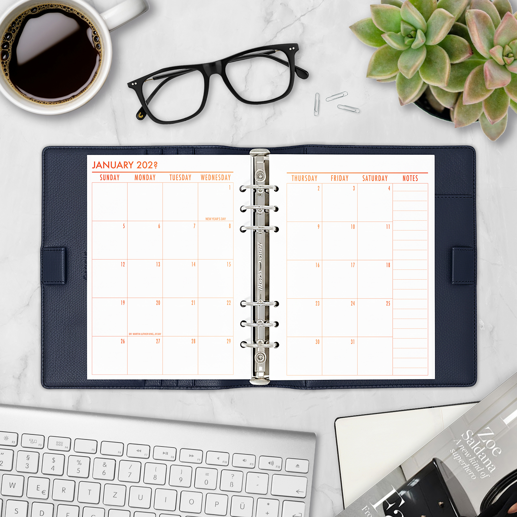 Month on 2 Pages planner insert in Ember Kiss design in A5 size in brown ring binder
