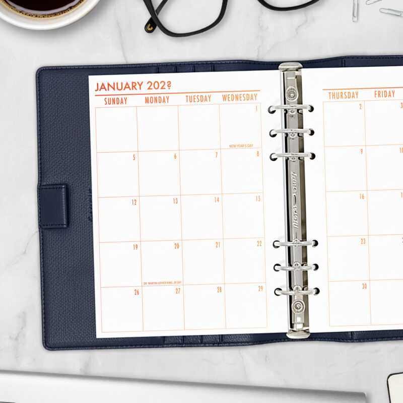 Month on 2 Pages planner insert in Ember Kiss design in A5 size in brown ring binder