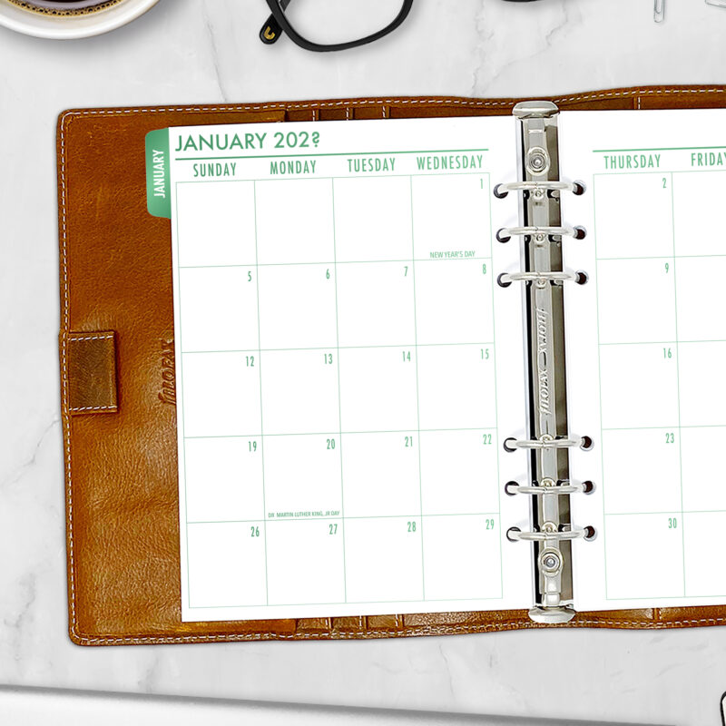 Month on 2 Pages planner insert in Fae Grove design with tabs in A5 size in brown ring binder
