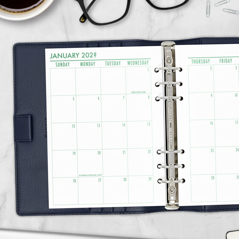 Month on 2 Pages planner insert in Fae Grove design in A5 size in brown ring binder