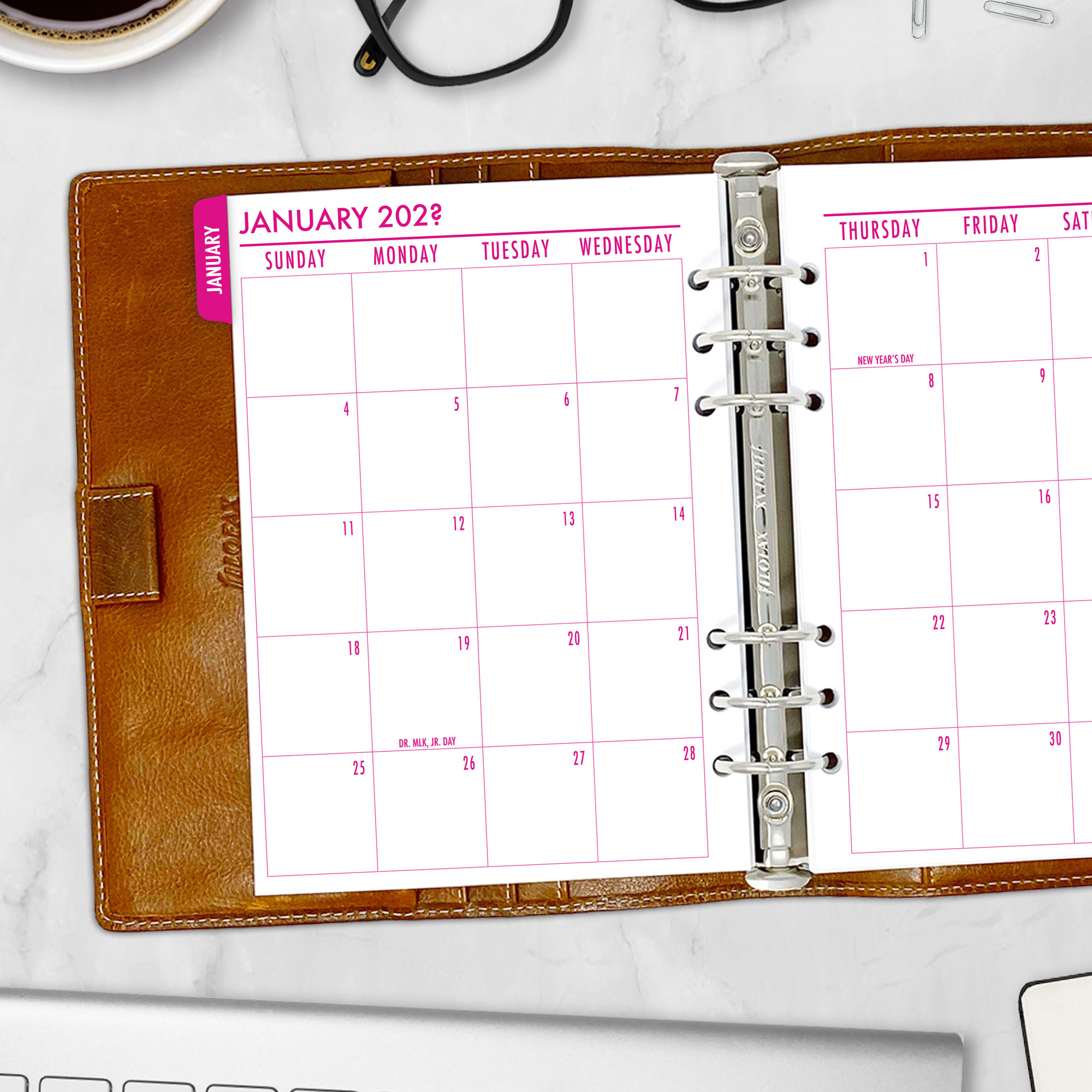 Month on 2 Pages planner insert in Fuchsia Flare design with colorful tabs in A5 size in brown ring binder