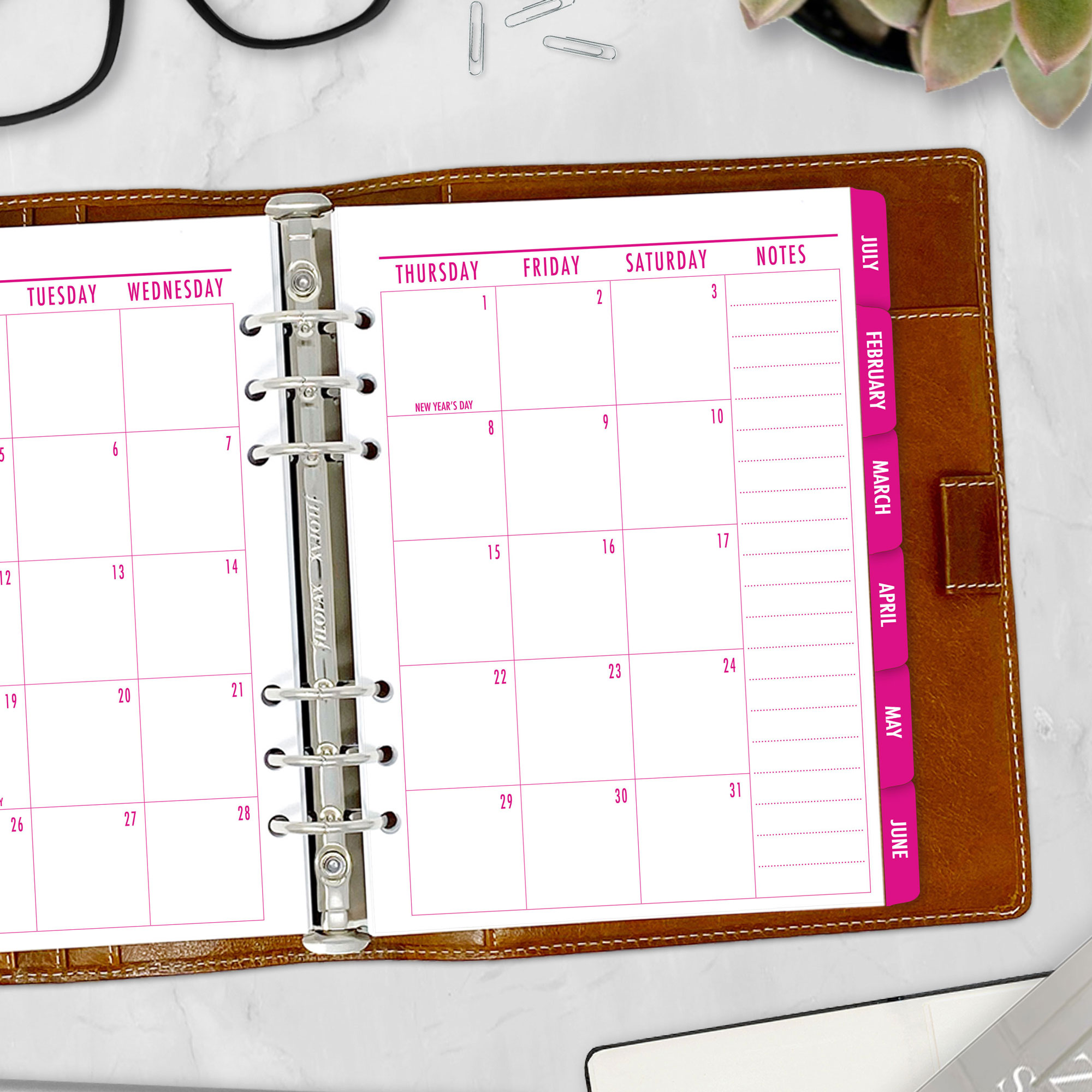 Month on 2 Pages planner insert in Fuchsia Flare design with colorful tabs in A5 size in brown ring binder