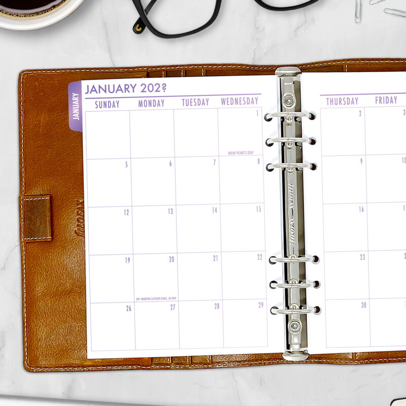 Month on 2 Pages planner insert in Lilac Hex design with tabs in A5 size in navy ring binder