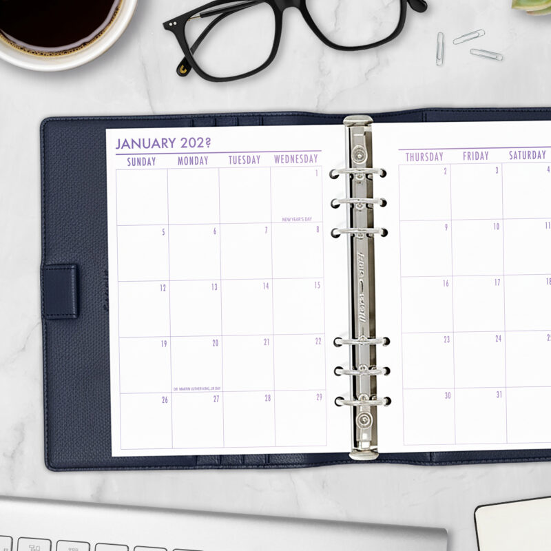 Month on 2 Pages planner insert in Lilac Hex design in A5 size in navy ring binder