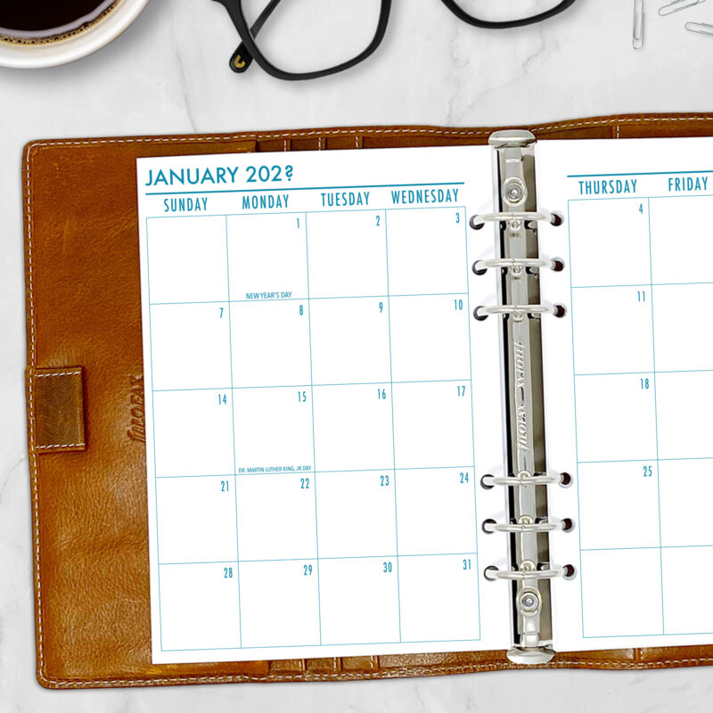 Month on 2 Pages planner insert in Midnight Sea full color design in A5 size in brown ring binder