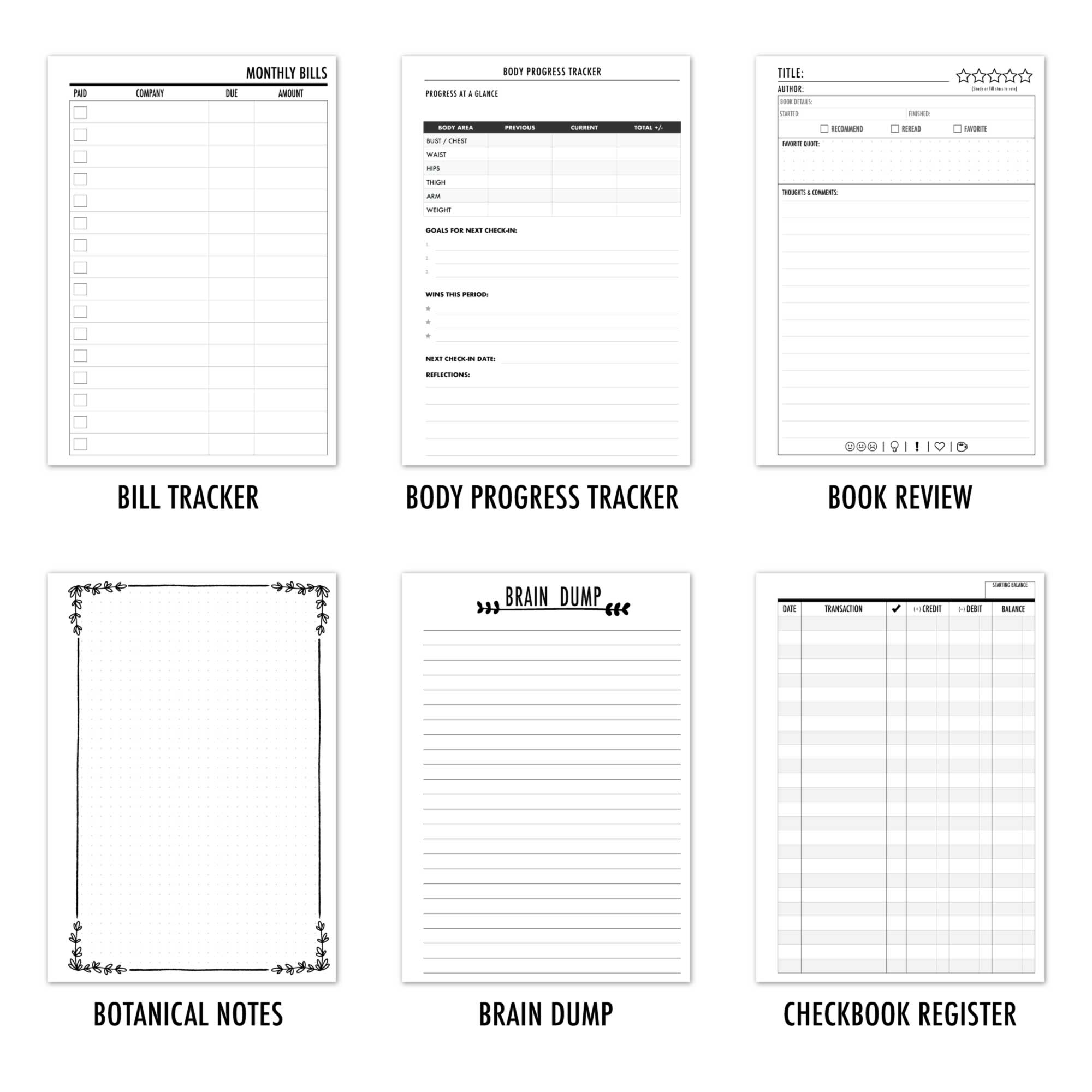 Sample A5 traveler's notebook refill functional pages by CityGirl Planners, showing six page layout options: Bill Tracker, Body Progress Tracker, Book Review, Botanical Notes, Brain Dump, and Checkbook Register.