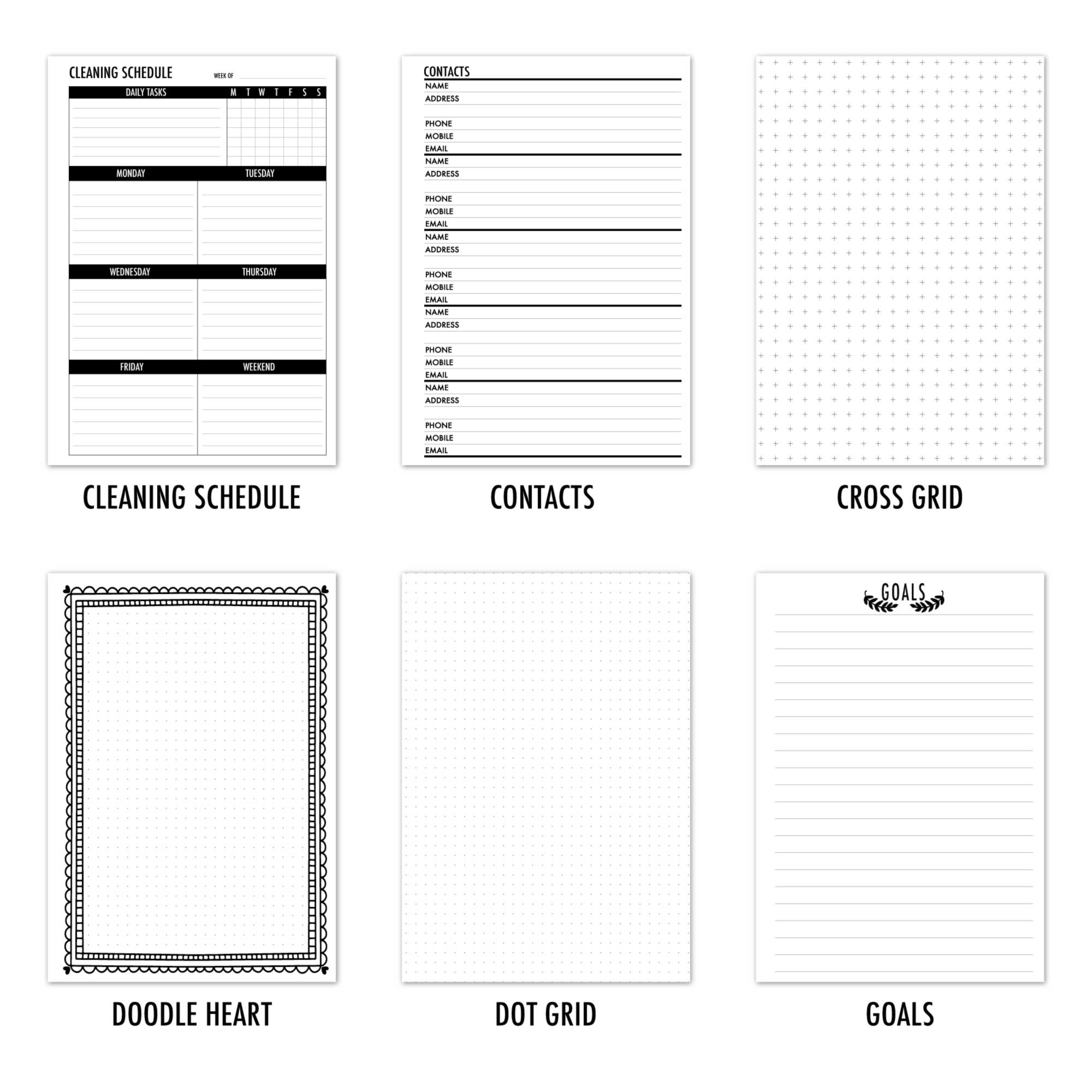 Sample A5 traveler's notebook refill functional pages by CityGirl Planners, showing six page layout options: Cleaning Schedule, Contacts, Cross Grid, Doodle Heart, Dot Grid, and Goals.